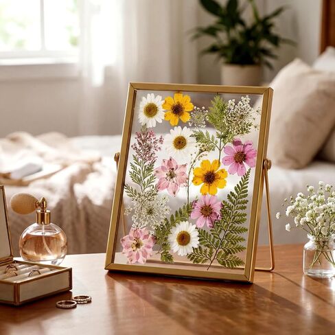 Floating Picture Frames 5''x7'' Flower Frame Pressed Kit Include 4 Pcs Gold Metal Picture Frames and 68 Pcs Dried Pressed Flowers for Crafts DIY Wedding Tabletop Display, Home Decor, Gifts in Saudi Arabia