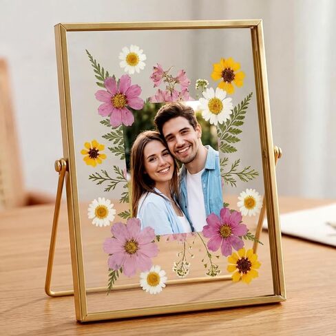 Floating Picture Frames 5''x7'' Flower Frame Pressed Kit Include 4 Pcs Gold Metal Picture Frames and 68 Pcs Dried Pressed Flowers for Crafts DIY Wedding Tabletop Display, Home Decor, Gifts in Saudi Arabia