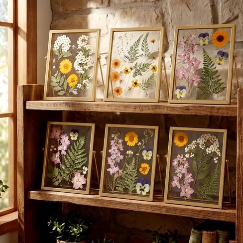Floating Picture Frames 5''x7'' Flower Frame Pressed Kit Include 4 Pcs Gold Metal Picture Frames and 68 Pcs Dried Pressed Flowers for Crafts DIY Wedding Tabletop Display, Home Decor, Gifts in Saudi Arabia