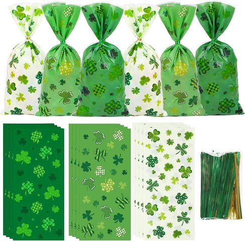 أكياس حلوى Cellophane Cellophane Day Diyasy Patrick ، ​​و 160 PCS تعامل مع حقائب Shamrock و Leprechaun Hat Goodie مع 200 علاقات تويست لصالح يوم الأيرلندي للحفلة in Kuwait