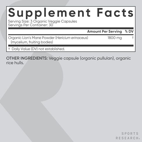 Sports Research® مكمل فطر بدة الأسد العضوي 1800 ملغ - صحة الدماغ والتركيز والدعم المعرفي - عضوي معتمد من وزارة الزراعة الأمريكية · غير معدل وراثيًا · نباتي - 90 كبسولة in Saudi Arabia