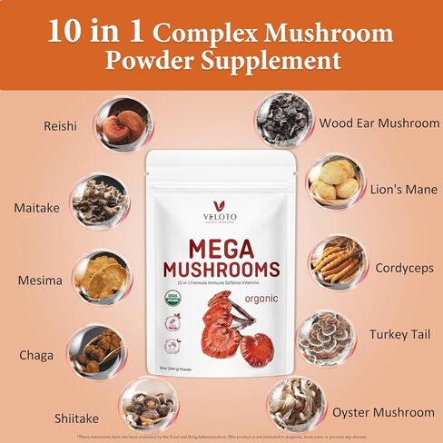 Organic Mega Mushroom Powder Blend,10 in 1 Complex Mushroom Extract Powder Herbal Supplement with Reishi, Cordyceps, Chaga, Lion's Mane, Vegan & More, Sustainably US Grown, Filler Free, 10oz in Saudi Arabia