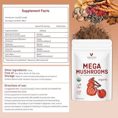 Organic Mega Mushroom Powder Blend,10 in 1 Complex Mushroom Extract Powder Herbal Supplement with Reishi, Cordyceps, Chaga, Lion's Mane, Vegan & More, Sustainably US Grown, Filler Free, 10oz in Saudi Arabia