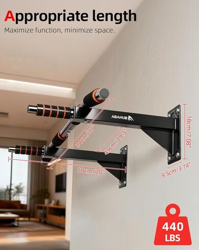 Abahub Wall Mounted Pull Up Bar, Multi-Grip Chin-Up Bar for Home Gym Workout, Drill-installed, Heavy-Duty & Stable Training Bar with 440lbs Capacity, Black-Orange in Saudi Arabia