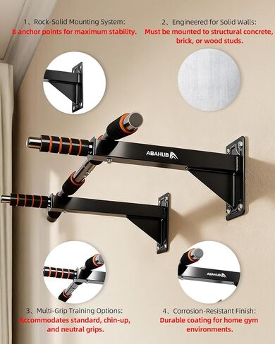 Abahub Wall Mounted Pull Up Bar, Multi-Grip Chin-Up Bar for Home Gym Workout, Drill-installed, Heavy-Duty & Stable Training Bar with 440lbs Capacity, Black-Orange in Saudi Arabia