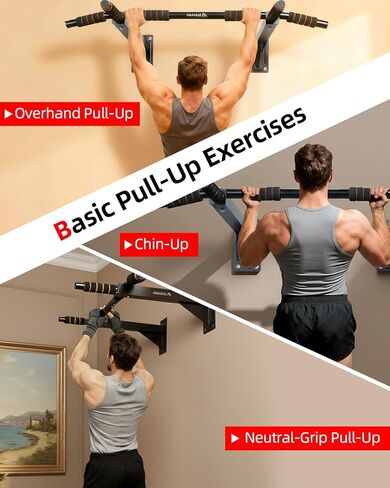 Abahub Wall Mounted Pull Up Bar, Multi-Grip Chin-Up Bar for Home Gym Workout, Drill-installed, Heavy-Duty & Stable Training Bar with 440lbs Capacity, Black-Orange in Saudi Arabia
