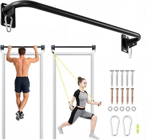 Heavy Duty Wall Mounted Pull Up Bar with 8mm Thick Steel Plates & Heavy-Duty Carabiner, Strength Training Bar for Home Gym, Garage and Indoor Workout in Kuwait