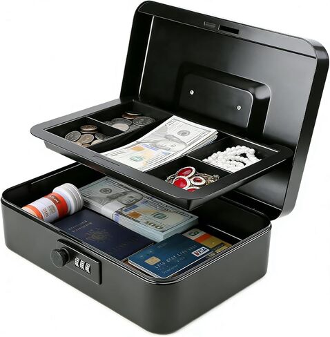 مربع أموال معدنية آمنة مع قفل مزيج ، مربع أموال تخزين كبير القفل مع أموال صينية نقدية ، 11/5 "× 9 2/5" × 3 1/2 "، QH3002L Blue in Kuwait