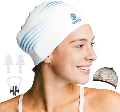 OMID Extra Large Silicone Swim Cap for Women Adults with Long & Thick Hair - Generous Room, Chlorine Resistant & Secure Fit for Pool, Beach, Training in Kuwait