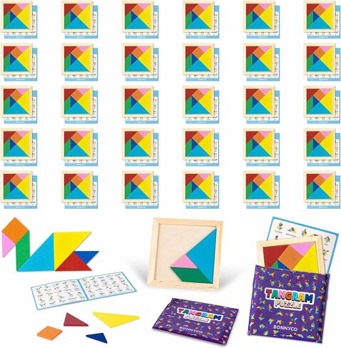 Tangram Puzzle Wooden Pack 30 Kids Party Favors - Bonnyco | غودي أكياس الحشوات للأطفال ، تفضل الحفلات للأطفال ، غودي كيس أدوات | إرجاع الهدايا لحفلة أعياد الميلاد ، حشوات بيناتا ، جوائز للأطفال in Kuwait