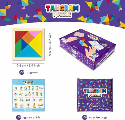 Tangram Puzzle Wooden Pack 30 Kids Party Favors - Bonnyco | غودي أكياس الحشوات للأطفال ، تفضل الحفلات للأطفال ، غودي كيس أدوات | إرجاع الهدايا لحفلة أعياد الميلاد ، حشوات بيناتا ، جوائز للأطفال in Kuwait