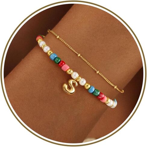 Colourful Beaded Initial Bracelets for Women Dainty Double Layered 14k Gold Bracelets for Women Non Tarnish with Letter Teen Girl Gifts Trendy Stuff Mom Sister Birthday Gifts Bubble Summer Jewelry in Kuwait