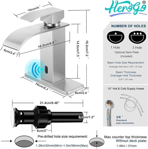 Herogo Bathroom Sink Faucet, Brushed Nickel Waterfall Stainless Steel Bathroom Faucet with Pop Up Drain & 2 Water Hoses for 1 Hole or 3 Holes, Single Handle, Deck Mount, for Vanity RV Lavatory in Saudi Arabia