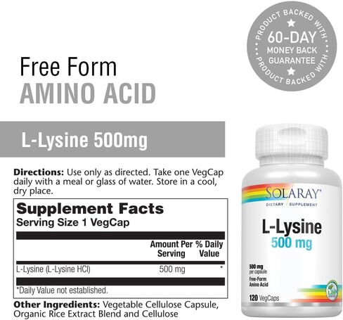 كبسولات SOLARAY L Lysine 500 mg - مكمل للأحماض الأمينية الأساسية ذات الشكل الحر - دعم صحي قوي مع حمض L-Lysine الأميني - تم التحقق منه معمليًا، ضمان لمدة 60 يومًا، 120 وجبة، 120 كبسولة نباتية in Saudi Arabia