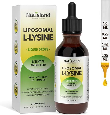 Liposomal L-lysine Monolaurin Liquid Drops, Lysine 1000MG Supplement for Adults & Kids, Echinacea & Elderberry with Vitamin C & D3, Zinc, for Lip & Skin Health, Collagen & Immune Support, 2 Fl Oz in Kuwait