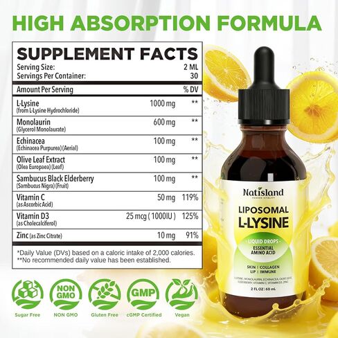 Liposomal L-lysine Monolaurin Liquid Drops, Lysine 1000MG Supplement for Adults & Kids, Echinacea & Elderberry with Vitamin C & D3, Zinc, for Lip & Skin Health, Collagen & Immune Support, 2 Fl Oz in Kuwait