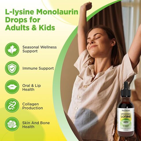 Liposomal L-lysine Monolaurin Liquid Drops, Lysine 1000MG Supplement for Adults & Kids, Echinacea & Elderberry with Vitamin C & D3, Zinc, for Lip & Skin Health, Collagen & Immune Support, 2 Fl Oz in Kuwait