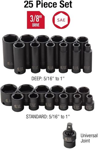SUNEX TOOLS 3325 3/8-Inch Drive SAE Master Impact Socket Set., Standard/Deep, 6-Point, Cr-Mo, 5/16-Inch - 1-Inch, 25-Piece in Kuwait