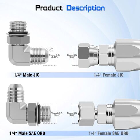 1/4" ذكر JIC 37° x 1/4" ذكر SAE ORB 90° محول الكوع، 6801-04-04 تركيب هيدروليكي، معايير SAE J514 وJ1926 موصل وصلات أنابيب الصلب الكربوني للأنظمة الهيدروليكية (عبوتان) in Kuwait
