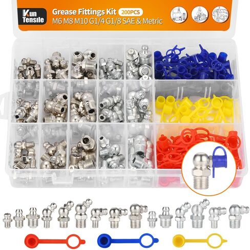 200 Pcs Grease Fittings Kit - M6 M8 M10 G1/4 G1/8 SAE & Metric Zerk Fittings Assortment with Grease Fitting Cap - Straight 45° 90° Angled Zerks Standard Fastener for Tractor, Truck, Automotive in Saudi Arabia