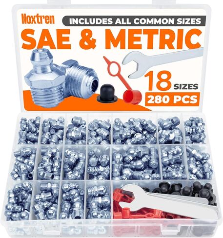 280 قطعة من تركيبات الشحوم، SAE وتركيبات زيرك الشحوم المترية 18 مقاسًا قياسيًا، مستقيم 45-90 درجة مع أغطية ومجموعة مفاتيح ربط (7-11 مم) لمسدس الشحوم in Kuwait