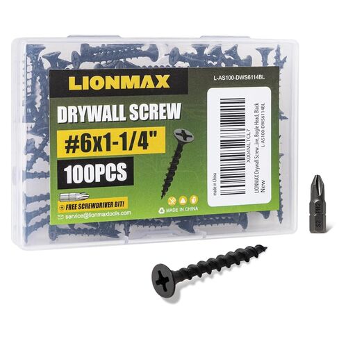 LIONMAX Drywall Screws, 100-PCS #6 x 1-1/4 inch High Strength Sheetrock Screws for Drywall, Wood or Composite Boards, Coarse Thread, Philips Drive, Bugle Head, Black in Saudi Arabia