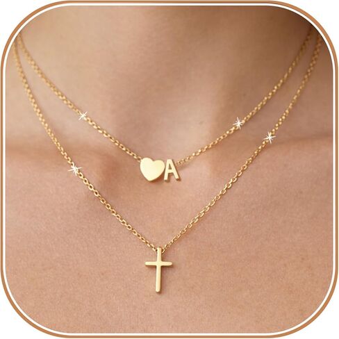 Cross Necklace, Layered Initial Necklaces for Women,Dainty 18K Real Gold Plated Heart Initial Necklace, Personalized Gifts for Women Teen Jewelry in Saudi Arabia