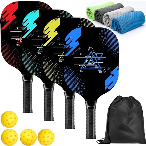 Pickleball Set with 4 Premium Wood Paddles, Cushion Comfort Grip, 4 Cooling Towels, 4 Pickleball Balls & Carry Bag, Pickle Ball Paddle for Men Women in Saudi Arabia