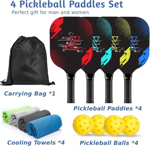 Pickleball Set with 4 Premium Wood Paddles, Cushion Comfort Grip, 4 Cooling Towels, 4 Pickleball Balls & Carry Bag, Pickle Ball Paddle for Men Women in Saudi Arabia