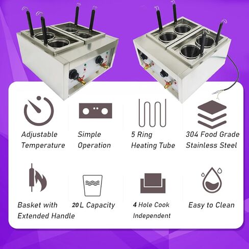 INTBUYING 4 Baskets Commercial Pasta Cooker Electric 220V 4000W Noodle Pasta Boiling Machine 0-110℃ Adjustable Temp for Pasta Dumplings Noodles Malatang in Saudi Arabia