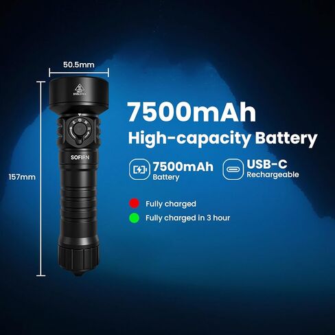 sofirn SD11 Dive Light, 5000LM, CRI 90, Rechargeable Waterproof Flashlight with 660NM Red Light, 3000K-6500K, USB-C, IPX8, with 1/4" Mount, Lanyard, for Underwater Photography, Fishing, Water Work in Kuwait