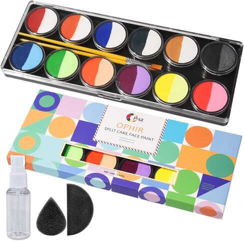 OPHIR Rainbow Face Painting Kit for Kids Party, 5.14 OZ Water Activated Split Cake Face Paint Palette with Face Painting Stencils, Brushes, Practice Boards and Gem Stickers for Halloween, Parties in Kuwait