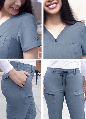 Adar Pro Everyday Expert Scrub Scrub للنساء - Screved V -neck Scrub Top & Tapered Draysring Pants in Kuwait