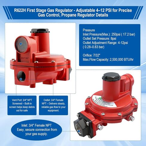 Propane Regulator R622H 1st Stage Gas Regulator, Adjustable 4–12 PSI, 3/4" NPT, High Capacity LP/Natural Gas Regulator for Residential, Commercial & Industrial System,Heater, Burner,Generator etc. in Saudi Arabia