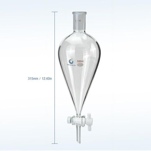 Conical Separatory Funnel with PTFE Stopcock,500mL,Heavy Wall Borosilicate Glass, 24/40 Joints, Precise Graduated Separating Funnel for Lab, Chemical Extraction in Kuwait
