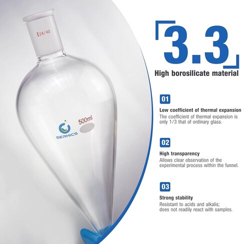 Conical Separatory Funnel with PTFE Stopcock,500mL,Heavy Wall Borosilicate Glass, 24/40 Joints, Precise Graduated Separating Funnel for Lab, Chemical Extraction in Kuwait
