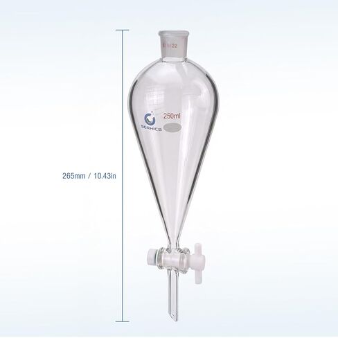 Conical Separatory Funnel with PTFE Stopcock,250mL,Heavy Wall Borosilicate Glass, 19/22 Joints, Precise Graduated Separating Funnel for Lab, Chemical Extraction in Kuwait
