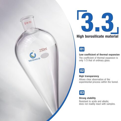 Conical Separatory Funnel with PTFE Stopcock,250mL,Heavy Wall Borosilicate Glass, 19/22 Joints, Precise Graduated Separating Funnel for Lab, Chemical Extraction in Kuwait