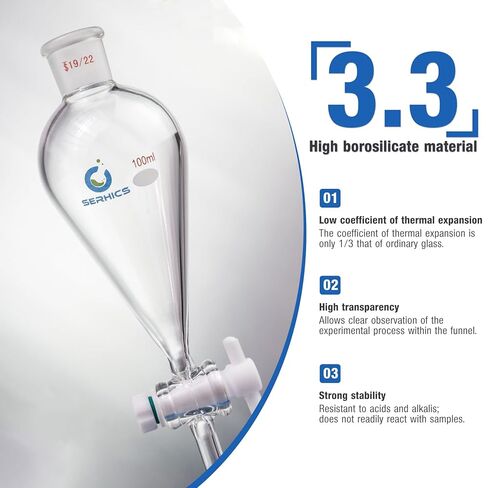 Conical Separatory Funnel with PTFE Stopcock, 100mL, Heavy Wall Borosilicate Glass, 19/22 Joints, Precise Graduated Separating Funnel for Lab, Chemical Extraction in Kuwait