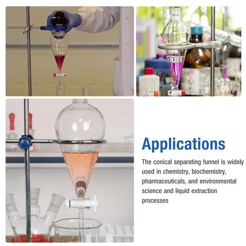 Conical Separatory Funnel with PTFE Stopcock, 100mL, Heavy Wall Borosilicate Glass, 19/22 Joints, Precise Graduated Separating Funnel for Lab, Chemical Extraction in Kuwait