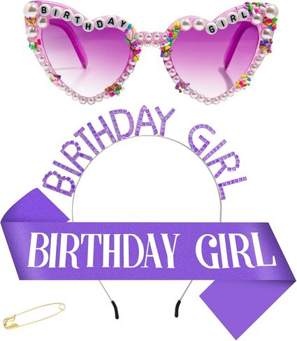 3Pcs Birthday Girl Sash Headband Set- Glitter Pink Sashs Rhinestone Headband Tiara Sunglasses, Happy Birthday Sash and Crown Accessories for Women Girls in Kuwait