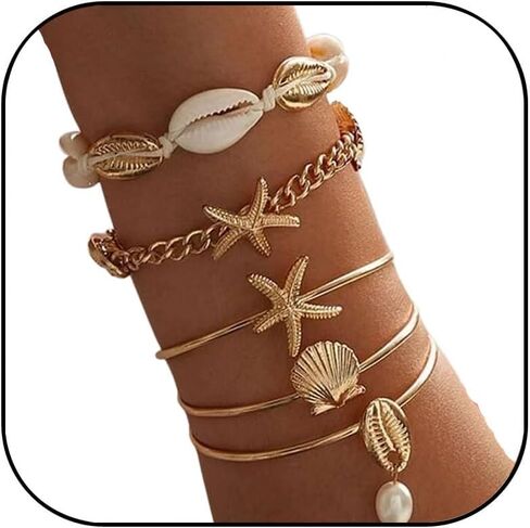 Gold Starfish Shell Bracelet for Women Boho Starfish Seashell Pearl Stack Bracelets Layered Shell Starfish Bangle Bracelet Summer Beach Jewelry Gifts for Women in Saudi Arabia