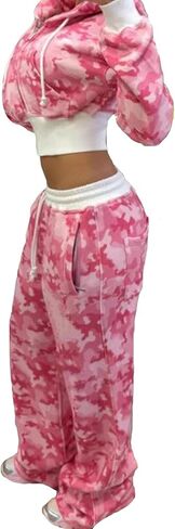 Sweatsuits Women 2 Piece Outfit Crop Camo Zip Up Hoodies Sweatshirt Y2k Camouflage Sweatpants Set Tracksuit in Kuwait