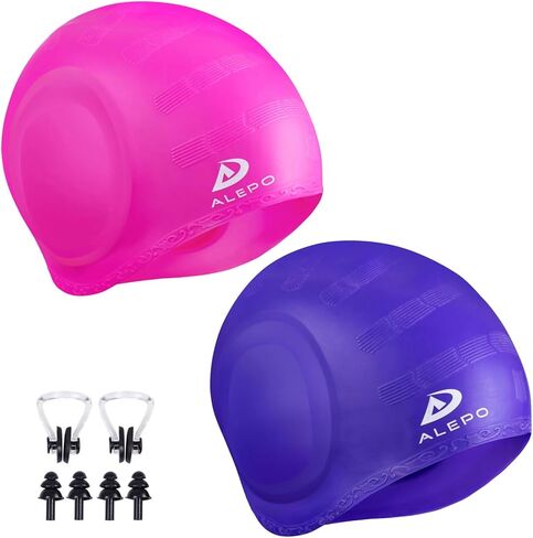 Alepo 2 Pack Unisex Swim Caps with 3D Ear Protection, Durable Flexible Silicone Swimming Hats for Women Men Kids Adults, Bathing Swimming Caps for Short/Long Hair with Ear Plugs&Nose Clip in Kuwait
