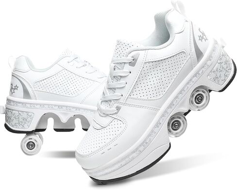 Roller Skate Shoes for Girls, Boys, 2-in-1 Skating Shoes for Man, Women, Retractable Roller Shoes for Kids, Deformation Shoes with Wheels, White in Saudi Arabia