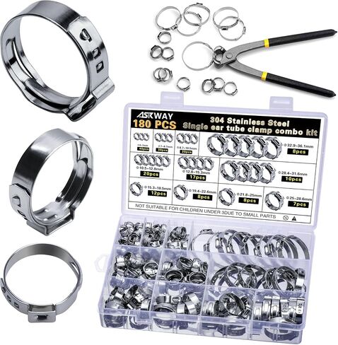 مشبك خرطوم أذن واحد 6-50 مم 210 قطعة 14 مقاسًا، مشبك خرطوم بدون خطوات من الفولاذ المقاوم للصدأ 304، مناسب لتوصيل أنابيب Pex والسيارات وخطوط الأنابيب والحديقة والاستخدام الصناعي in Kuwait