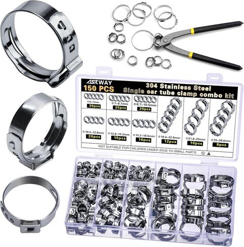 Single Ear Hose Clamp 6-50Mm 210 Pcs 14 Sizes, 304 Stainless Steel Stepless Hose Clamp, Suitable For Pex Pipe Connection, Automotive, Pipeline, Garden And Industrial Use in Saudi Arabia