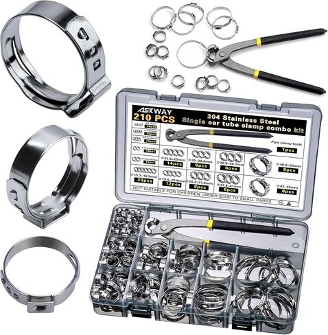 Single Ear Hose Clamp 6-50Mm 210 Pcs 14 Sizes, 304 Stainless Steel Stepless Hose Clamp, Suitable For Pex Pipe Connection, Automotive, Pipeline, Garden And Industrial Use in Saudi Arabia