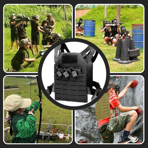 Kids Vest, Waterproof & Wear-Resistant Nylon Vest with Adjustable Belt One Size Airsoft Kids Costume with Hidden Pocket for Outdoor Hunting Training, Black, sports in Kuwait