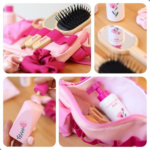 Kids Hair Salon Playset, Wooden Makeup Toy Set, Hair Styling Toys for Girls, Kids Shaving Kit for Boys, Kids Barber Playset, Gifts for 3 4 5 Year Old Girls Boys (18 PCS) in Kuwait